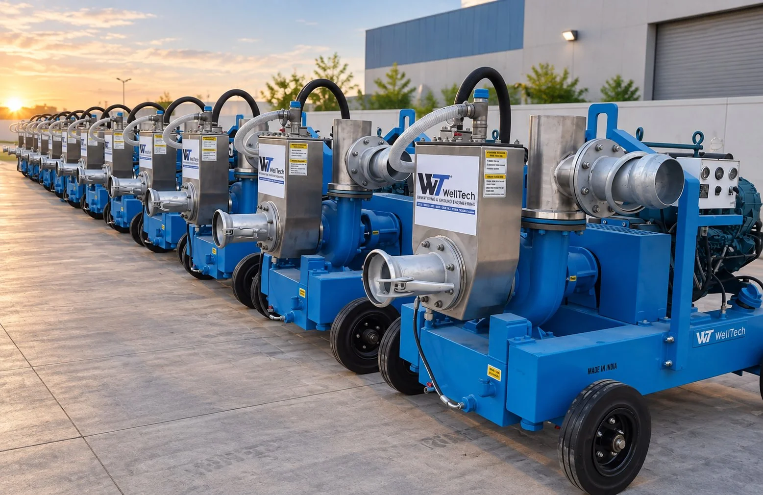 Row of WellTech dewatering pumps ready for deployment